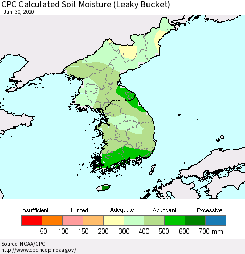 Korea CPC Calculated Soil Moisture (Leaky Bucket) Thematic Map For 6/26/2020 - 6/30/2020