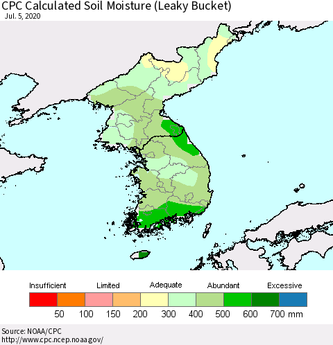 Korea CPC Calculated Soil Moisture (Leaky Bucket) Thematic Map For 7/1/2020 - 7/5/2020