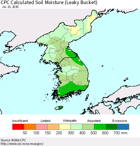 Korea CPC Calculated Soil Moisture (Leaky Bucket) Thematic Map For 7/6/2020 - 7/10/2020
