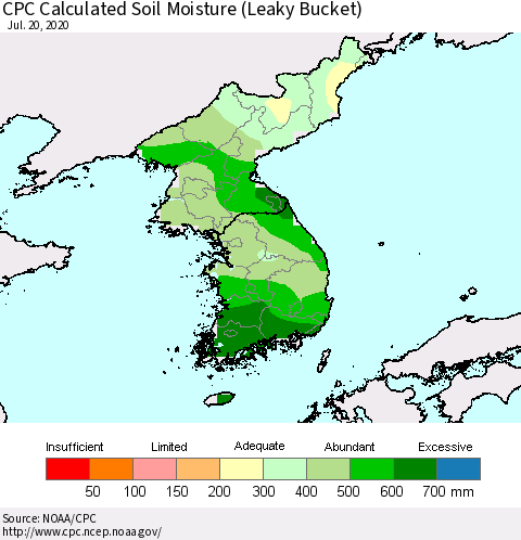 Korea CPC Calculated Soil Moisture (Leaky Bucket) Thematic Map For 7/16/2020 - 7/20/2020