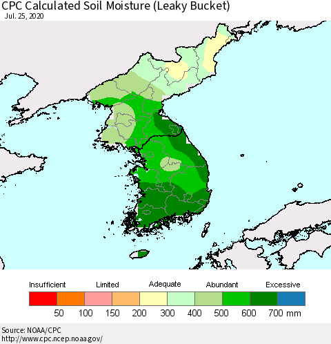 Korea CPC Calculated Soil Moisture (Leaky Bucket) Thematic Map For 7/21/2020 - 7/25/2020