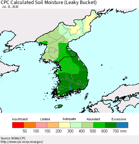 Korea CPC Calculated Soil Moisture (Leaky Bucket) Thematic Map For 7/26/2020 - 7/31/2020