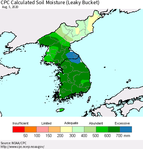 Korea CPC Calculated Soil Moisture (Leaky Bucket) Thematic Map For 8/1/2020 - 8/5/2020