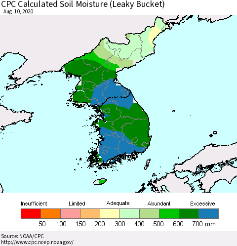 Korea CPC Calculated Soil Moisture (Leaky Bucket) Thematic Map For 8/6/2020 - 8/10/2020