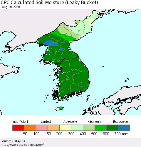 Korea CPC Calculated Soil Moisture (Leaky Bucket) Thematic Map For 8/16/2020 - 8/20/2020