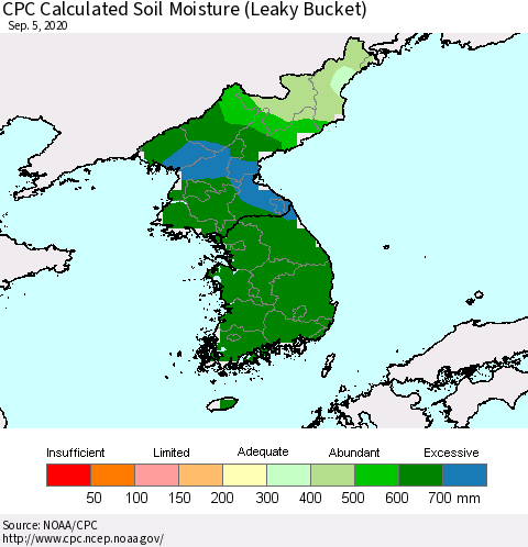 Korea CPC Calculated Soil Moisture (Leaky Bucket) Thematic Map For 9/1/2020 - 9/5/2020