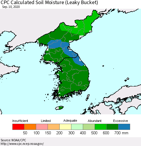 Korea CPC Soil Moisture (Leaky Bucket) Thematic Map For 9/6/2020 - 9/10/2020