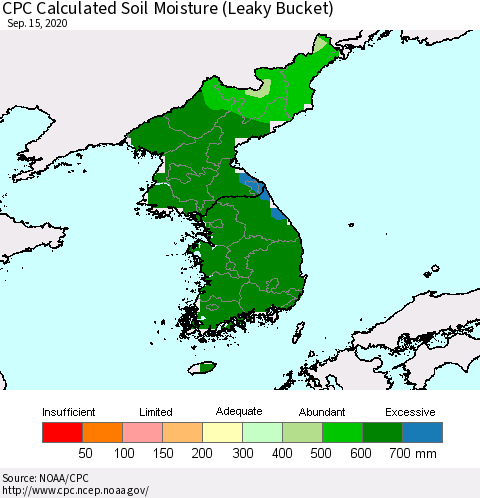 Korea CPC Calculated Soil Moisture (Leaky Bucket) Thematic Map For 9/11/2020 - 9/15/2020