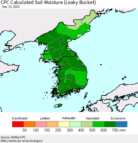 Korea CPC Calculated Soil Moisture (Leaky Bucket) Thematic Map For 9/21/2020 - 9/25/2020