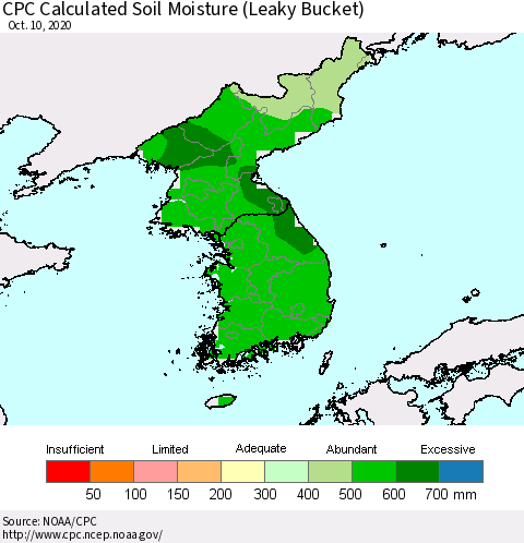 Korea CPC Calculated Soil Moisture (Leaky Bucket) Thematic Map For 10/6/2020 - 10/10/2020