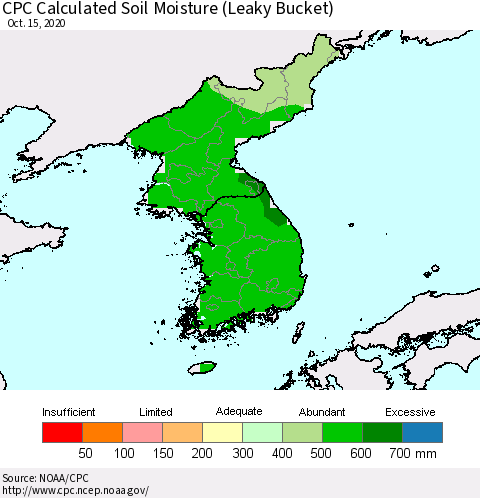 Korea CPC Soil Moisture (Leaky Bucket) Thematic Map For 10/11/2020 - 10/15/2020
