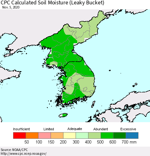 Korea CPC Soil Moisture (Leaky Bucket) Thematic Map For 11/1/2020 - 11/5/2020
