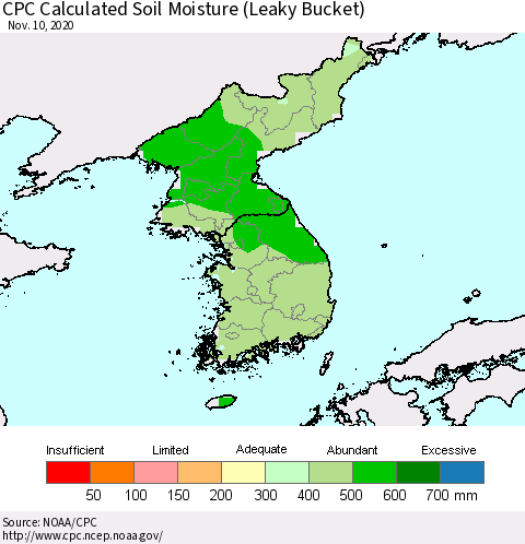Korea CPC Calculated Soil Moisture (Leaky Bucket) Thematic Map For 11/6/2020 - 11/10/2020