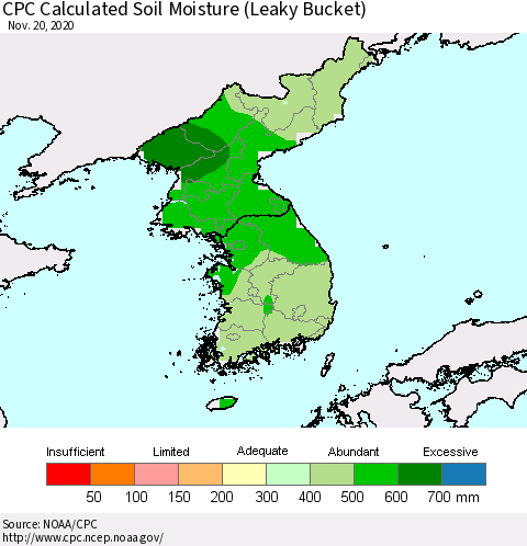 Korea CPC Calculated Soil Moisture (Leaky Bucket) Thematic Map For 11/16/2020 - 11/20/2020