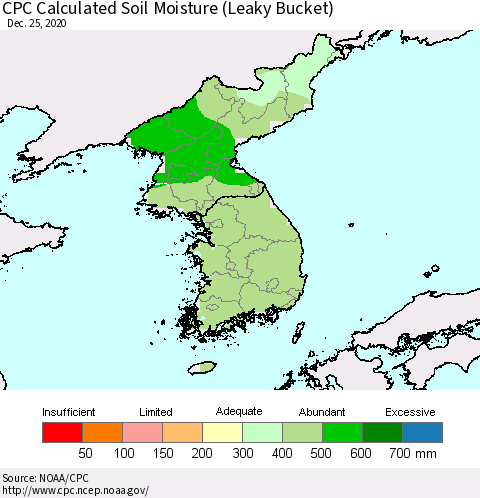 Korea CPC Calculated Soil Moisture (Leaky Bucket) Thematic Map For 12/21/2020 - 12/25/2020