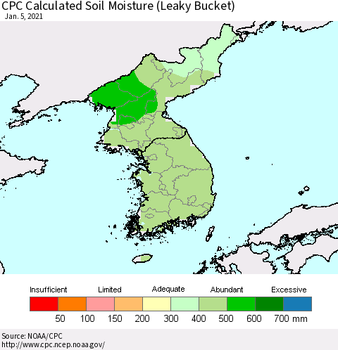 Korea CPC Calculated Soil Moisture (Leaky Bucket) Thematic Map For 1/1/2021 - 1/5/2021