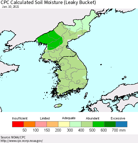Korea CPC Calculated Soil Moisture (Leaky Bucket) Thematic Map For 1/6/2021 - 1/10/2021