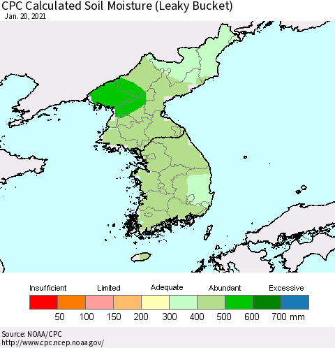 Korea CPC Calculated Soil Moisture (Leaky Bucket) Thematic Map For 1/16/2021 - 1/20/2021
