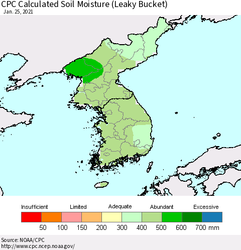 Korea CPC Soil Moisture (Leaky Bucket) Thematic Map For 1/21/2021 - 1/25/2021
