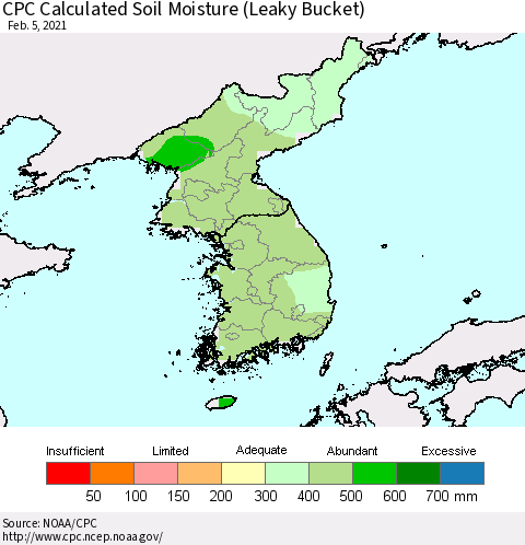 Korea CPC Calculated Soil Moisture (Leaky Bucket) Thematic Map For 2/1/2021 - 2/5/2021