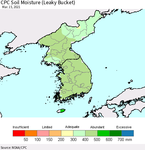 Korea CPC Soil Moisture (Leaky Bucket) Thematic Map For 3/11/2021 - 3/15/2021