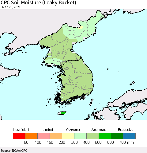 Korea CPC Calculated Soil Moisture (Leaky Bucket) Thematic Map For 3/16/2021 - 3/20/2021