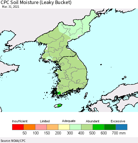 Korea CPC Calculated Soil Moisture (Leaky Bucket) Thematic Map For 3/26/2021 - 3/31/2021