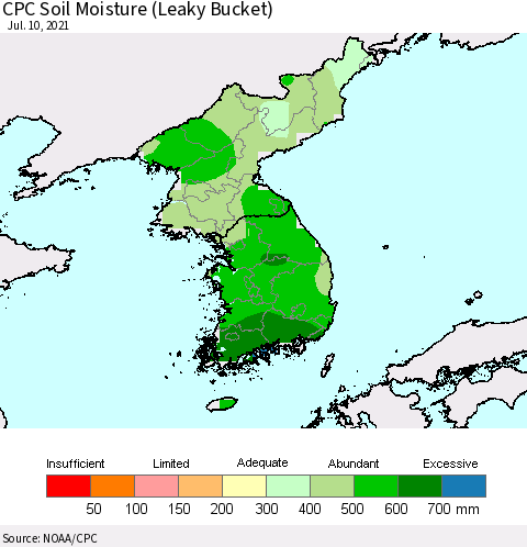 Korea CPC Calculated Soil Moisture (Leaky Bucket) Thematic Map For 7/6/2021 - 7/10/2021