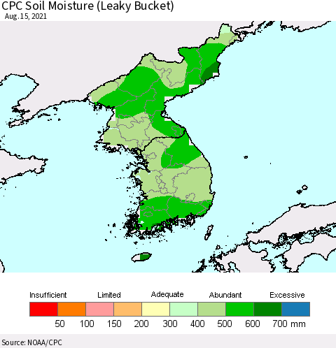 Korea CPC Calculated Soil Moisture (Leaky Bucket) Thematic Map For 8/11/2021 - 8/15/2021