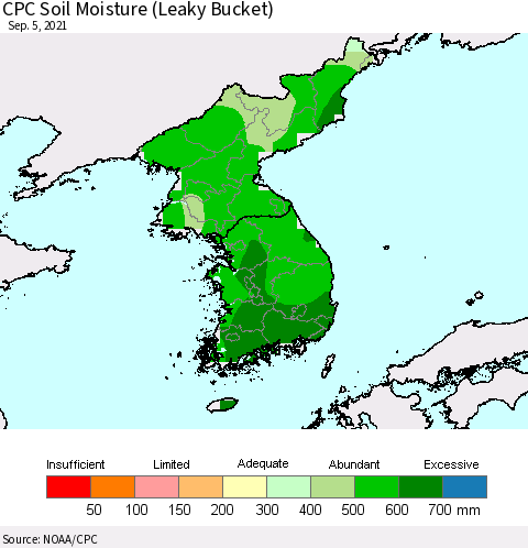 Korea CPC Calculated Soil Moisture (Leaky Bucket) Thematic Map For 9/1/2021 - 9/5/2021