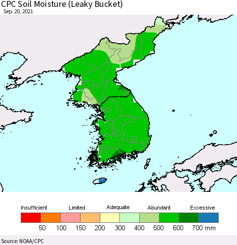 Korea CPC Calculated Soil Moisture (Leaky Bucket) Thematic Map For 9/16/2021 - 9/20/2021