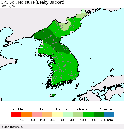 Korea CPC Soil Moisture (Leaky Bucket) Thematic Map For 10/11/2021 - 10/15/2021