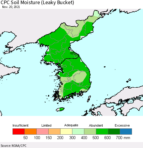 Korea CPC Calculated Soil Moisture (Leaky Bucket) Thematic Map For 11/16/2021 - 11/20/2021