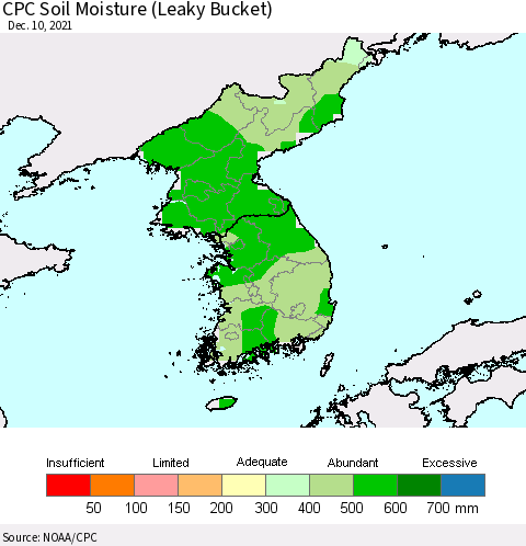 Korea CPC Calculated Soil Moisture (Leaky Bucket) Thematic Map For 12/6/2021 - 12/10/2021