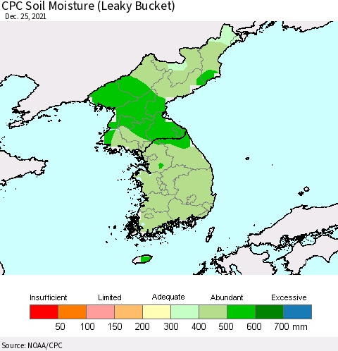 Korea CPC Calculated Soil Moisture (Leaky Bucket) Thematic Map For 12/21/2021 - 12/25/2021