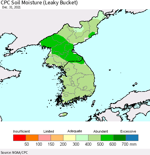 Korea CPC Calculated Soil Moisture (Leaky Bucket) Thematic Map For 12/26/2021 - 12/31/2021