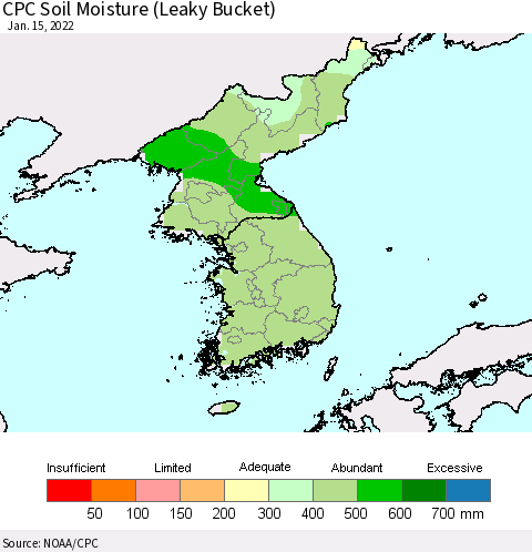 Korea CPC Calculated Soil Moisture (Leaky Bucket) Thematic Map For 1/11/2022 - 1/15/2022