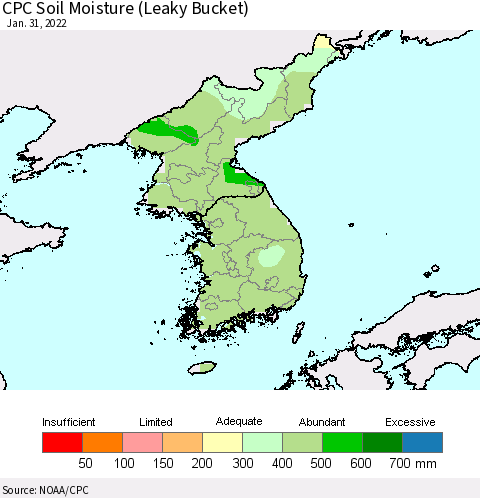 Korea CPC Calculated Soil Moisture (Leaky Bucket) Thematic Map For 1/26/2022 - 1/31/2022