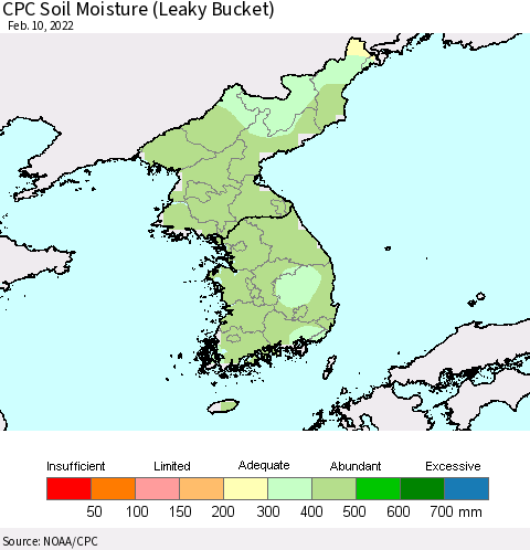 Korea CPC Calculated Soil Moisture (Leaky Bucket) Thematic Map For 2/6/2022 - 2/10/2022