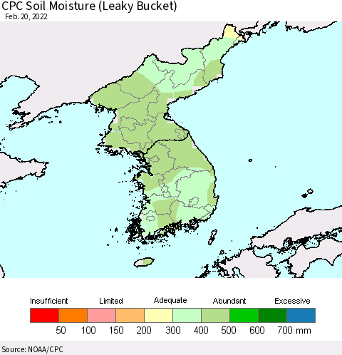 Korea CPC Calculated Soil Moisture (Leaky Bucket) Thematic Map For 2/16/2022 - 2/20/2022
