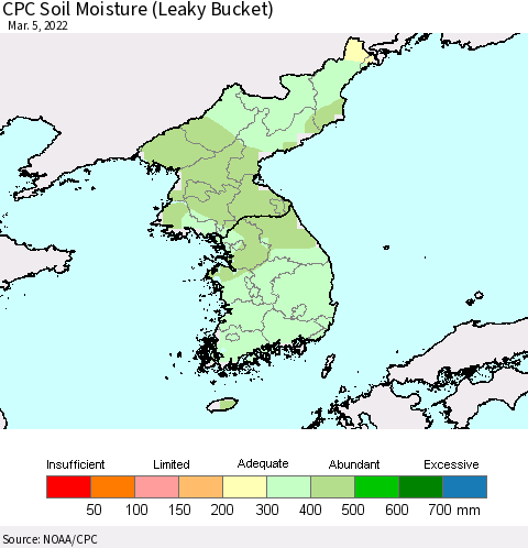 Korea CPC Calculated Soil Moisture (Leaky Bucket) Thematic Map For 3/1/2022 - 3/5/2022