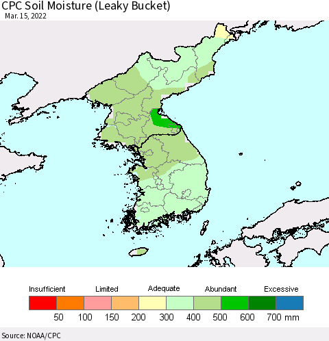 Korea CPC Calculated Soil Moisture (Leaky Bucket) Thematic Map For 3/11/2022 - 3/15/2022