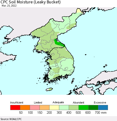 Korea CPC Calculated Soil Moisture (Leaky Bucket) Thematic Map For 3/21/2022 - 3/25/2022