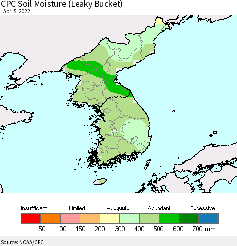 Korea CPC Soil Moisture (Leaky Bucket) Thematic Map For 4/1/2022 - 4/5/2022