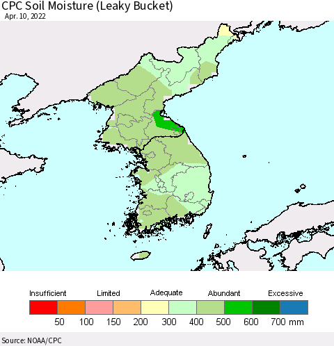 Korea CPC Calculated Soil Moisture (Leaky Bucket) Thematic Map For 4/6/2022 - 4/10/2022