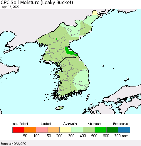 Korea CPC Calculated Soil Moisture (Leaky Bucket) Thematic Map For 4/11/2022 - 4/15/2022