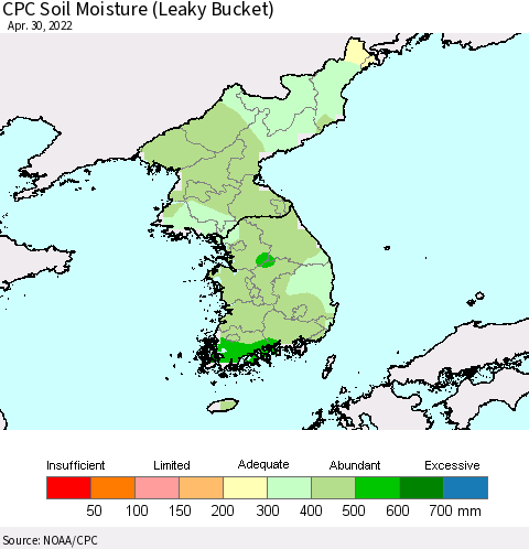 Korea CPC Calculated Soil Moisture (Leaky Bucket) Thematic Map For 4/26/2022 - 4/30/2022