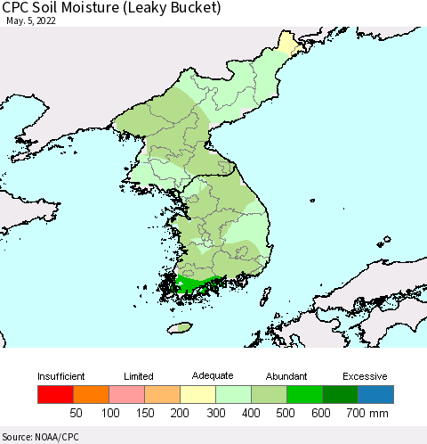Korea CPC Calculated Soil Moisture (Leaky Bucket) Thematic Map For 5/1/2022 - 5/5/2022