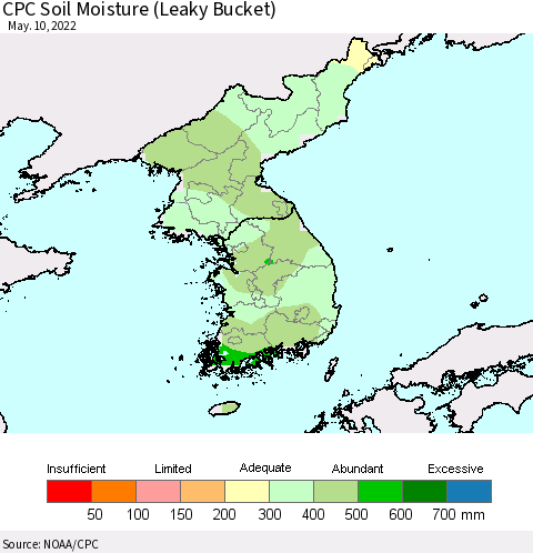 Korea CPC Calculated Soil Moisture (Leaky Bucket) Thematic Map For 5/6/2022 - 5/10/2022