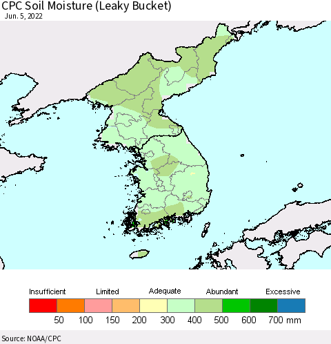 Korea CPC Calculated Soil Moisture (Leaky Bucket) Thematic Map For 6/1/2022 - 6/5/2022